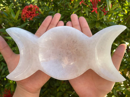 GAF TREASURES 8" Triple Moon Selenite Bowl, Gemstone Carved Selenite Crystal, Meditation Bowl, Reiki Bowl, Jewelry Holder, Crown Chakra, Cleansing, Charging, Healing