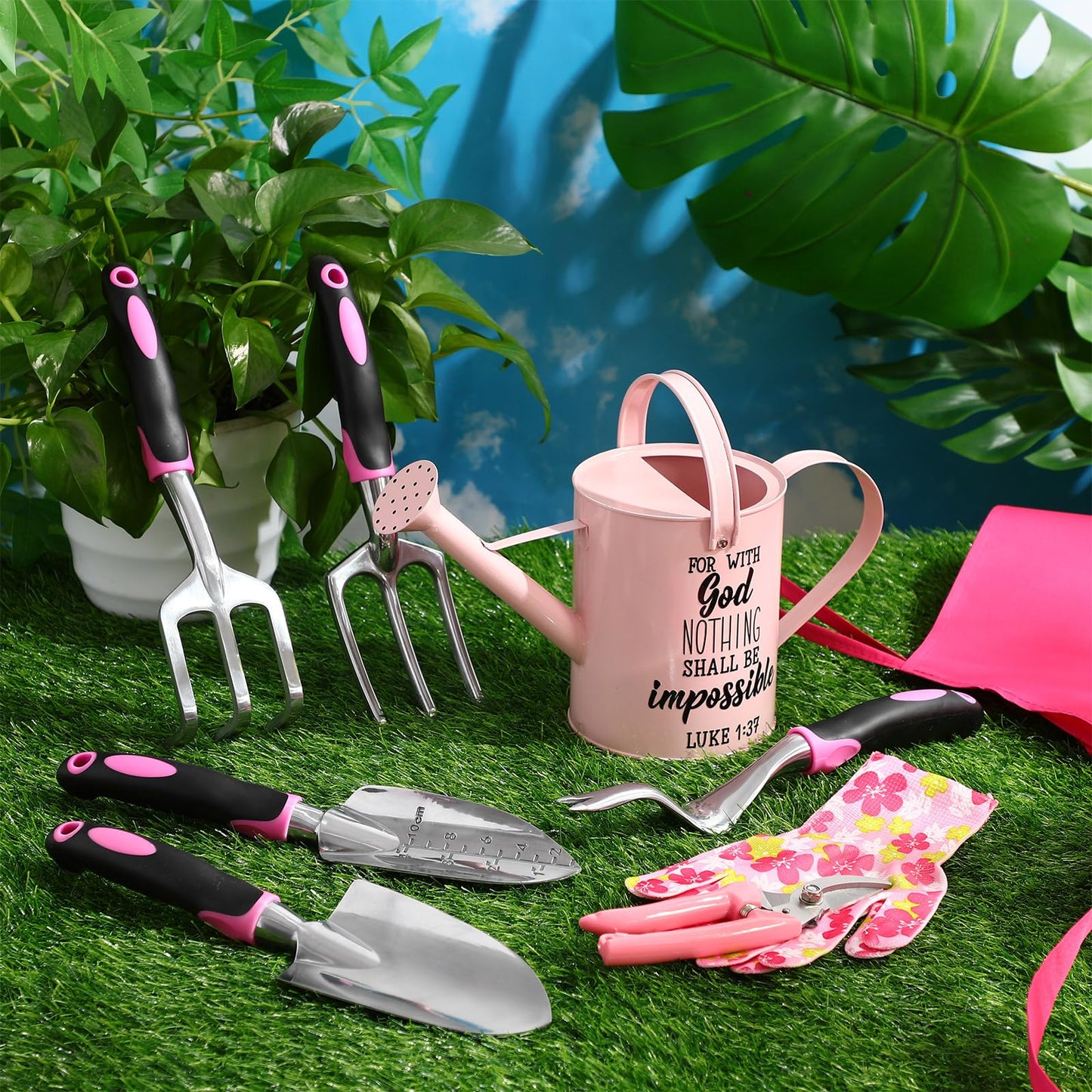 Blueweenly 9 Pcs Watering Can Garden Tools Kit with Bible Verse Christian Gardening Gifts for Women with Heavy Duty Garden Hand Tools 1.6L Galvanized Metal Can Apron Gloves for Mom Grandma(Pink)