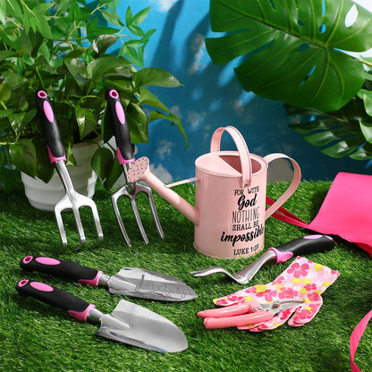 Blueweenly 9 Pcs Watering Can Garden Tools Kit with Bible Verse Christian Gardening Gifts for Women with Heavy Duty Garden Hand Tools 1.6L Galvanized Metal Can Apron Gloves for Mom Grandma(Pink)