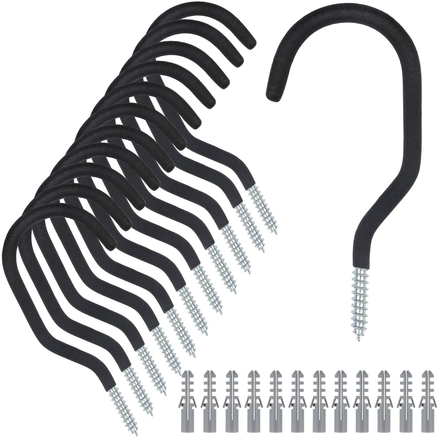 KURUI Heavy Duty Screw in Hooks for Hanging, 12 Pack Bike Hooks for Garage Wall with Screw Anchors, Wall Mount Bicycle Storage for Ceiling, Large Black Plant Hooks for Ceiling