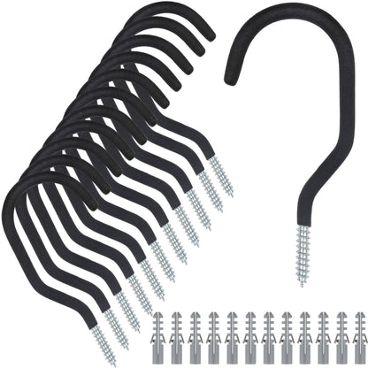 KURUI Heavy Duty Screw in Hooks for Hanging, 12 Pack Bike Hooks for Garage Wall with Screw Anchors, Wall Mount Bicycle Storage for Ceiling, Large Black Plant Hooks for Ceiling