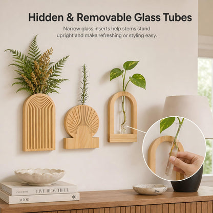 TBWIND Wooden Wall Vases Set of 3, Modern Farmhouse Arch Propagation Station with Glass Planter Tubes, Boho Fluted Hanging Decor for Entryway, Living Room & Narrow Spaces (Natural)