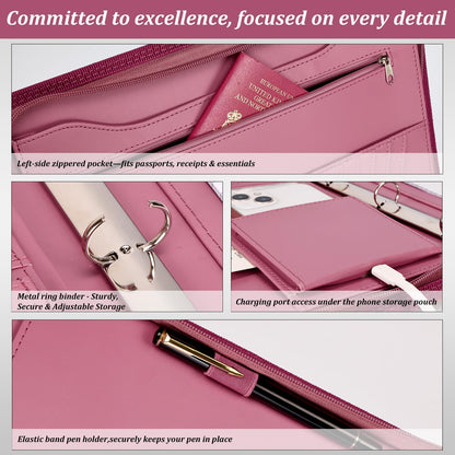 Leathario Portfolio Binder, Includes 5 Folder Index Dividers and 3 Notepads, 3-Ring Folder Organizer, Padfolio with Zipper, Vegan Leather Tablet Sleeve, Business Office Conference Clipboards