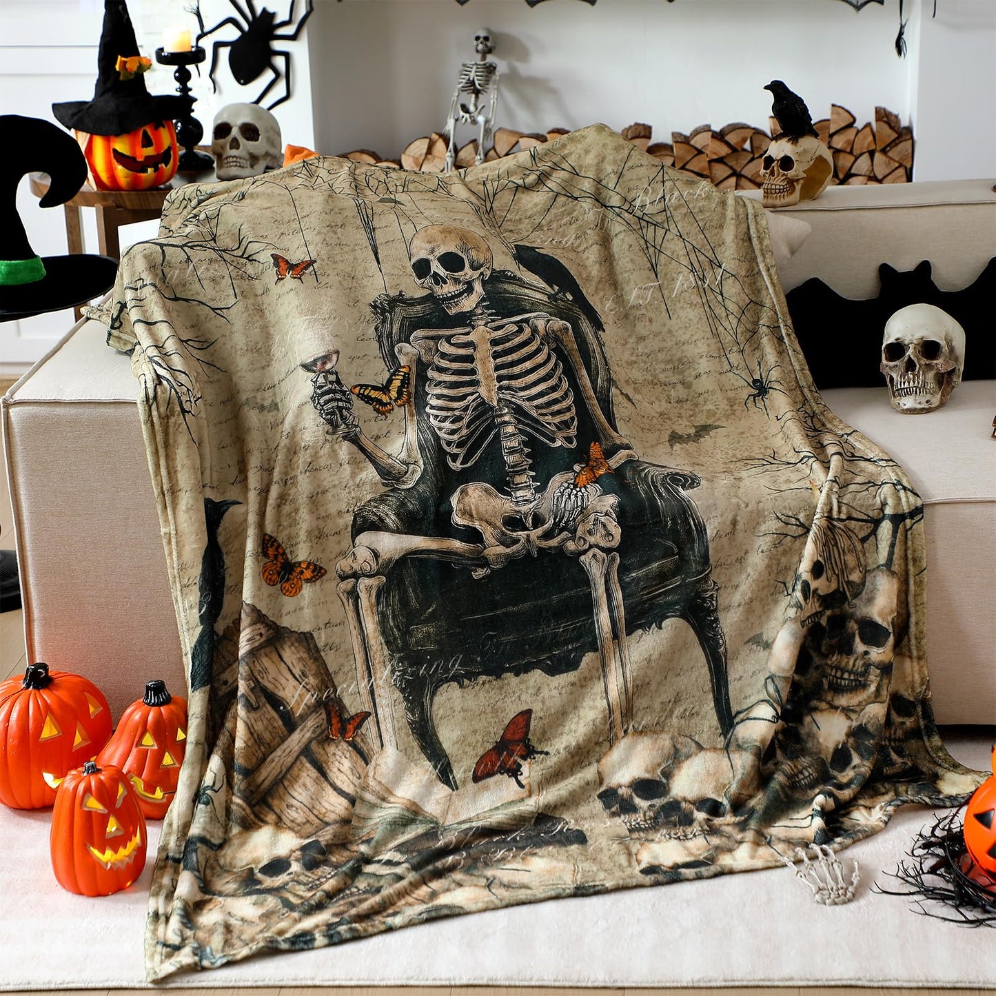 Breling Gothic Throw Flannel Blanket Ghost Skeleton Cozy Fuzzy Warm Throw Blanket Gothic Punk Themed Print for Winter Couch Sofa Bed Home Decor 60"x50"