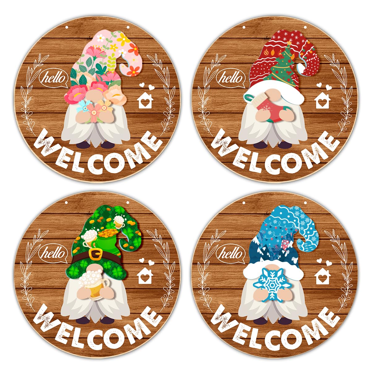 Interchangeable Gnome Welcome Sign Summer Patriotic 4th of July Porch Decor, Changeable Wooden Gnomes Front Door Decoration Wreath Hanger for Spring Fall Winter All Seasons Holiday, Red Brown