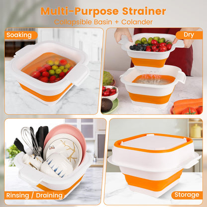 ROTTOGOON Collapsible Colander Set with Strainer Bowl, 2 in 1 Fruit Washing Basket with Strainer, 5 + 3 QT Plastic Colanders for Kitchen, Foldable Double Layered Colanders Bowl for Vegetable, Grey