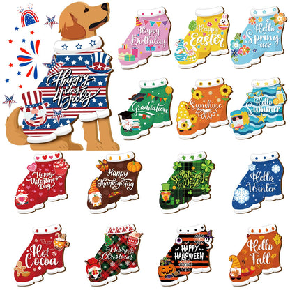 Barydat 16 Pcs Seasonal Dachshund Table Sign for All Seasons Lovely Interchangeable Table Decoration, Wooden Rustic Holiday Centerpieces Summer Patriotic Dachshund Independence Day Sign(Cute Dog)
