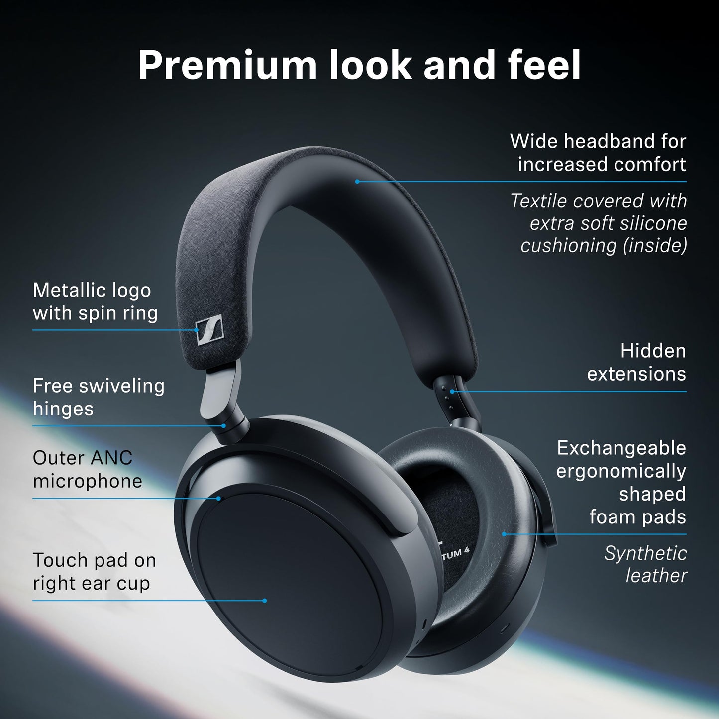 Sennheiser MOMENTUM 4 Wireless Noise Cancelling Headphones - Bluetooth Headset for Crystal-Clear Calls, Adaptive Noise Cancellation, Over-Ear Headphones, 60h Battery Life, Folding Design, Black/Copper