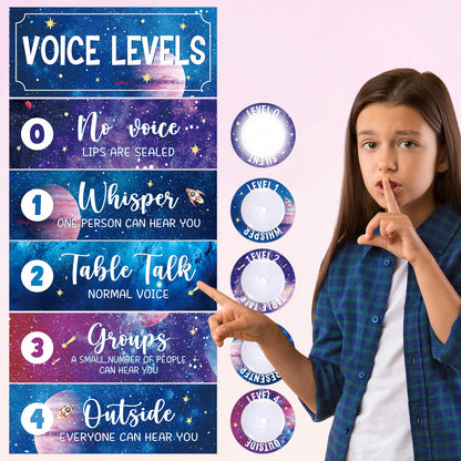 5 Pcs School Push Light and Voice Level Poster Voice Level Chart Monitor Rules Sign Galaxy LED Tap Light Classroom Rules Poster Solar System Classroom Management Tools for Teachers（Space Style）