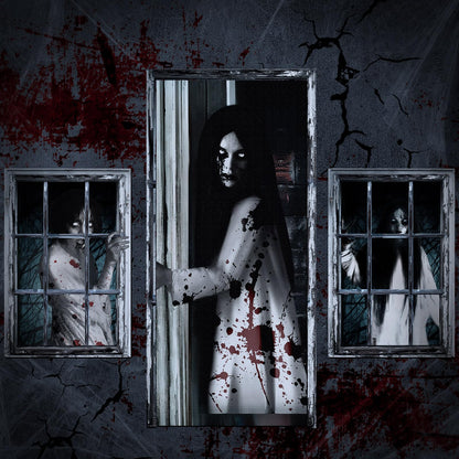 Fanfanwin 3 Pcs Halloween Window Door Covers Set Halloween Scary Window Curtain and Door Cover Spooky Silhouette Props Poster for House Decor(Female Ghost)