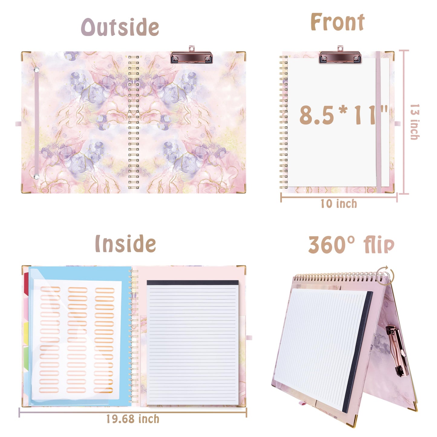 HAUTOCO Clipboard Folio with Refillable Notepad for Letter Size (11" x 8.5"), 5 Dividers with 10 Pockets, Elastic Pen Holder and File Folder Labels, Spiral Nurse Clipboard Artboard(Pink Marble)