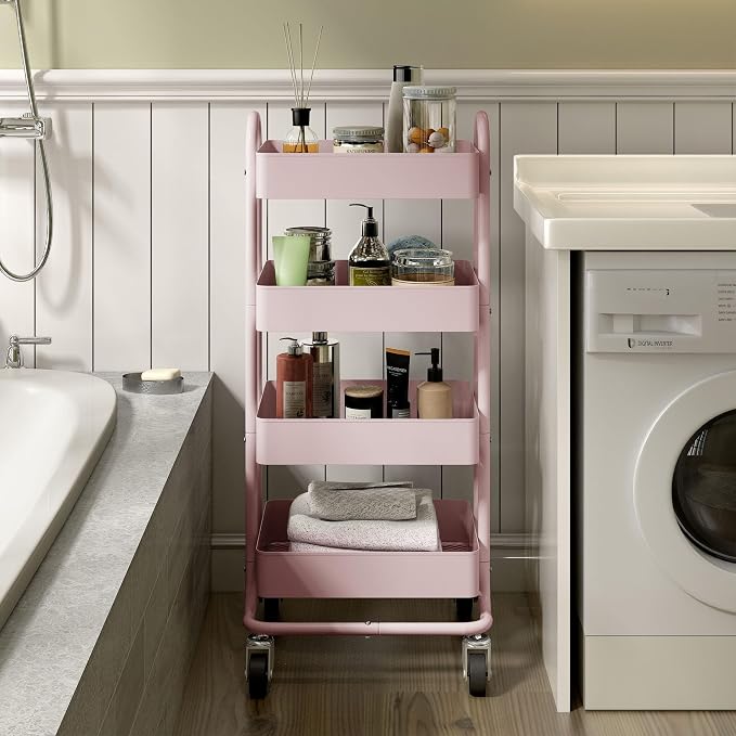 4 Tier Metal Rolling Cart Pink Utility Cart with Wheels,Rolling Pink Cart for Office,Home,Kitchen,Garden（13.4"x18.1"x40"）