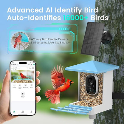 Smart Bird Feeder with Camera, AI Auto-Capture & Motion Detection, 5W Solar Panel, 170° View, Identify 16,000+ Birds, 2K HD Video, Ideal Gift for Outdoor Bird Watching(Blue)