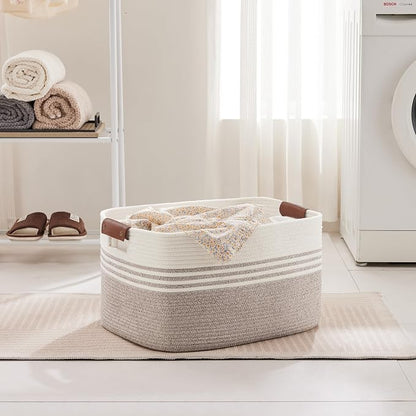 60L Large Laundry Basket with Leather Handles for Living Room Storage, Woven Rope Baskets Bin for Blanket, Kids Toy, Gifts, Wicker Hamper for Bedroom Dirty Clothes, White Brown