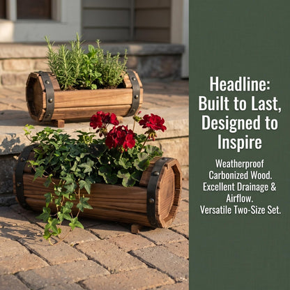 DOITOOL Half Barrel Planters Outdoor, 2 Pack Rustic Solid Wood Flower Pots for Plants, Carbonized Wooden Whiskey Wine Barrel Planter Set for Garden Patio Porch Windowsill Decoration (Brown)