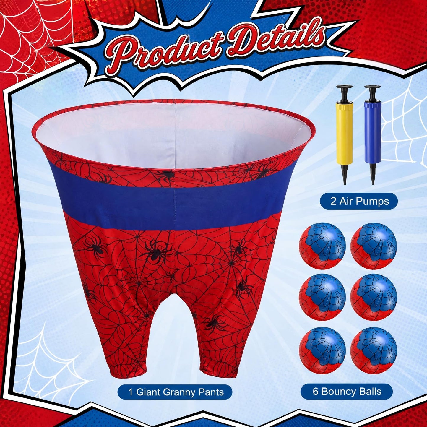 JolliLudo 9 Pcs Spider Web Granny Pants Yard Game for Adults Giant Granny Pants with Beach Balls Pumps Summer Beach Games Gifts Birthday Decor Party Favor