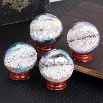 mookaitedecor Angel Aura Quartz Geode Sphere 51-60 mm, Natural Rock Crystal White Titanium Coated Crystal Ball with Stand for Divination Witchcraft Home Decor