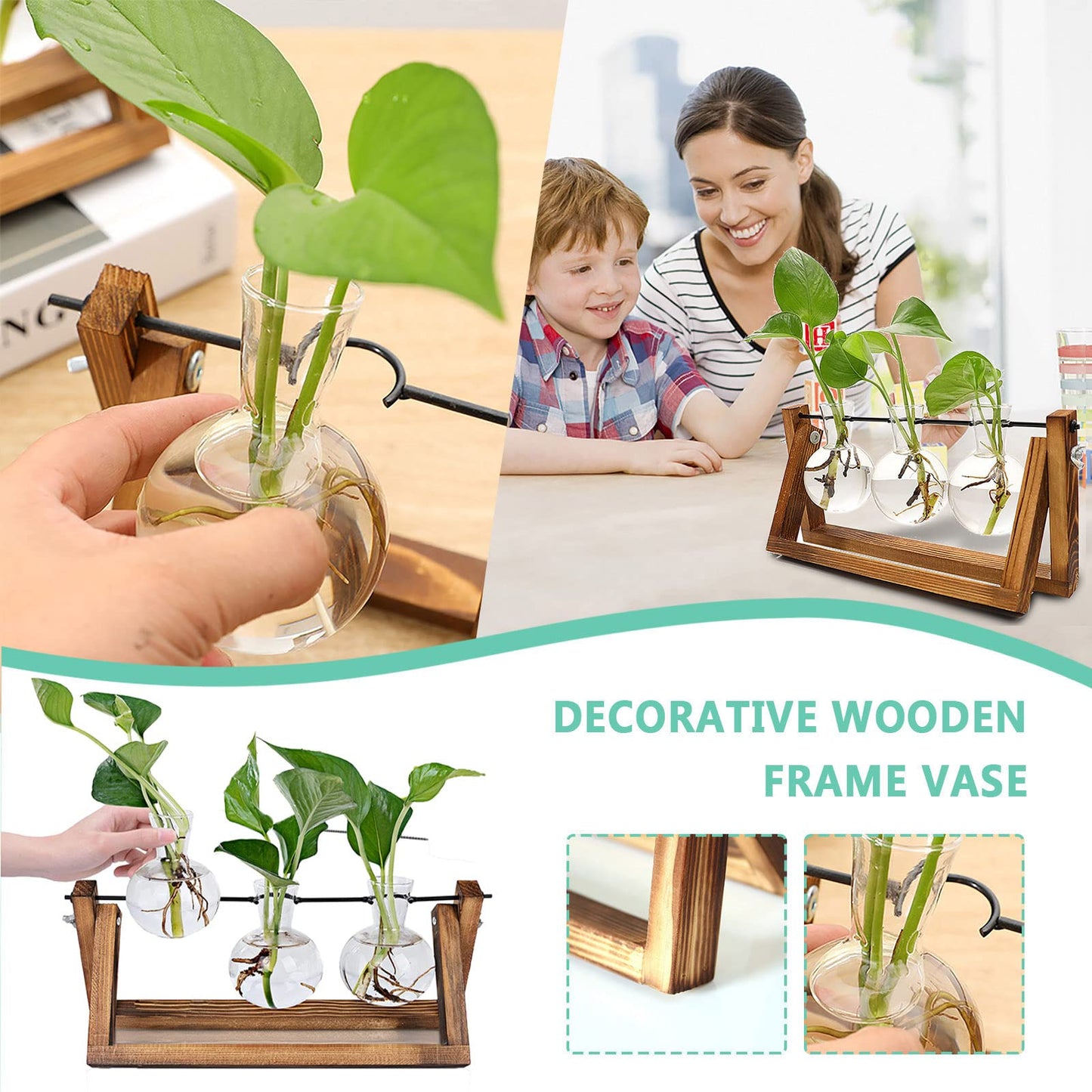 Kingbuy Desktop Glass Planter Iron and Wooden Stand Plant Terrariums for Indoor Office Desk Decor Accessories, 3 Bulb Vases, Brown