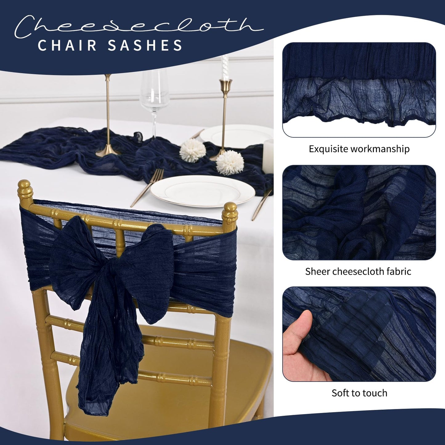 HNPSTBNO 50 PCS Cheesecloth Chair Sashes, Bows Designed ChairSashes, 15.7x70 inch Chair Sashes for Aisle Decorations Universal Chairs Cover Decoration for Wedding Reception Party Banquet (Navy Blue)