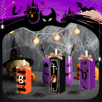3 Pcs Boo Halloween Sign Wooden Tiered Tray Decor, Witch Black Cat Cross Coffin Table Decor 3D Carving Craft Halloween Decorations Party Tabletop Centerpieces for Home Kitchen Indoor Mantel