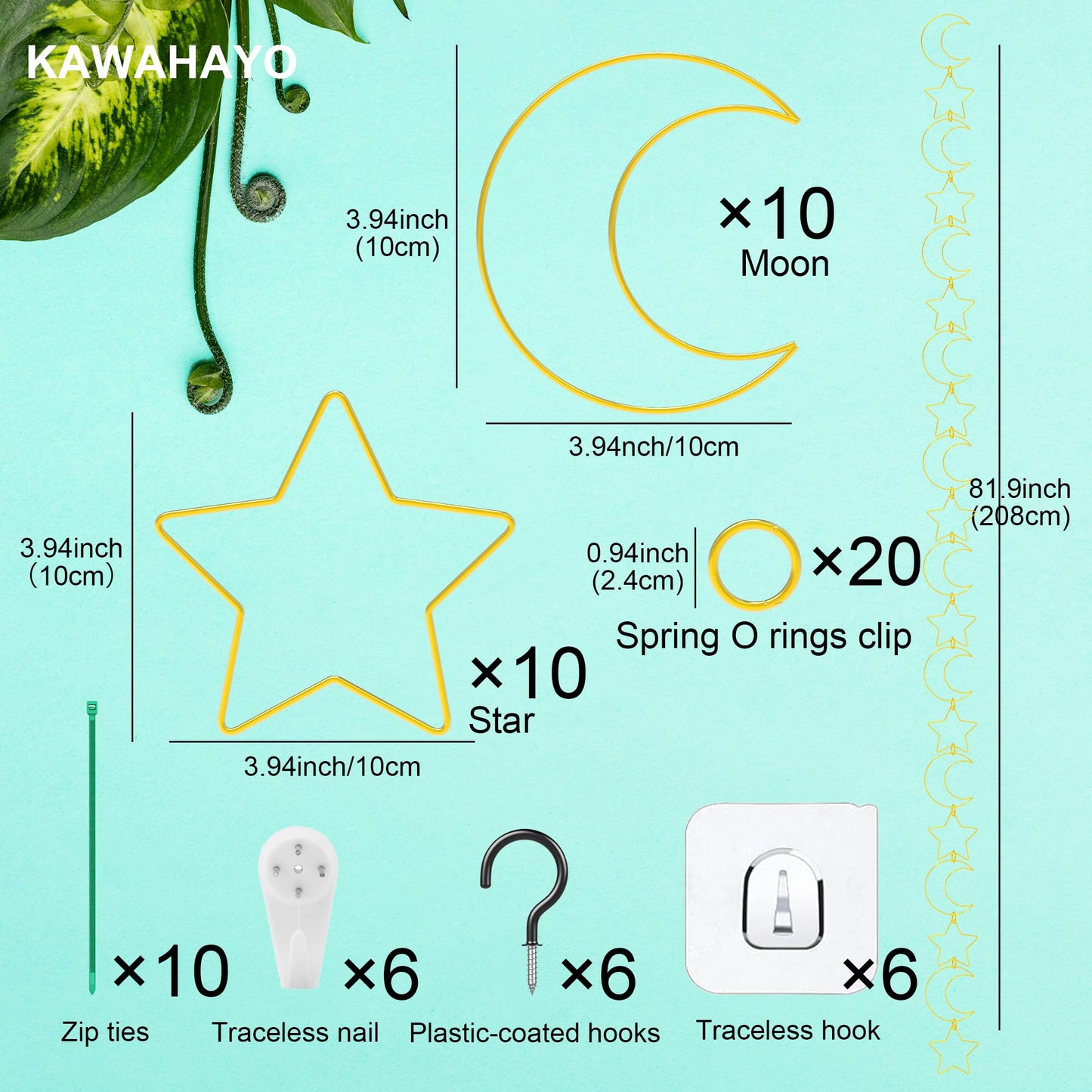 20 Pcs Plant Trellis for Climbing Plants, Chain Trellis, Garden Plant Wall Trellis, Vine Support Houseplant Accessories for Monstera, Pothos, Ivy, Climbing Plants Indoor Outdoor (Gold Moon and Star)
