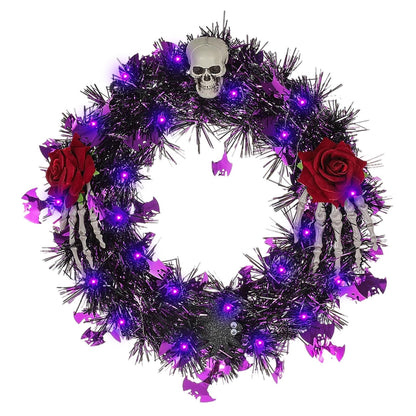 Halloween Wreath for Front Door with Lights,13 Inch Skull Wreath Halloween Decorations for Indoor Window Party Holiday Wall Home Decor (Rose and Skull)