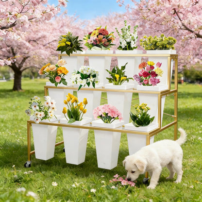 Flower Display Stands With Buckets, With 12pcs Buckets, 3-Tier Rolling Flower Bar,Heavy Duty Metal Flower Cart,For Indoor/Outdoor Use, Wedding Decor & Florist Displays (B - Gold frame, white bucket)