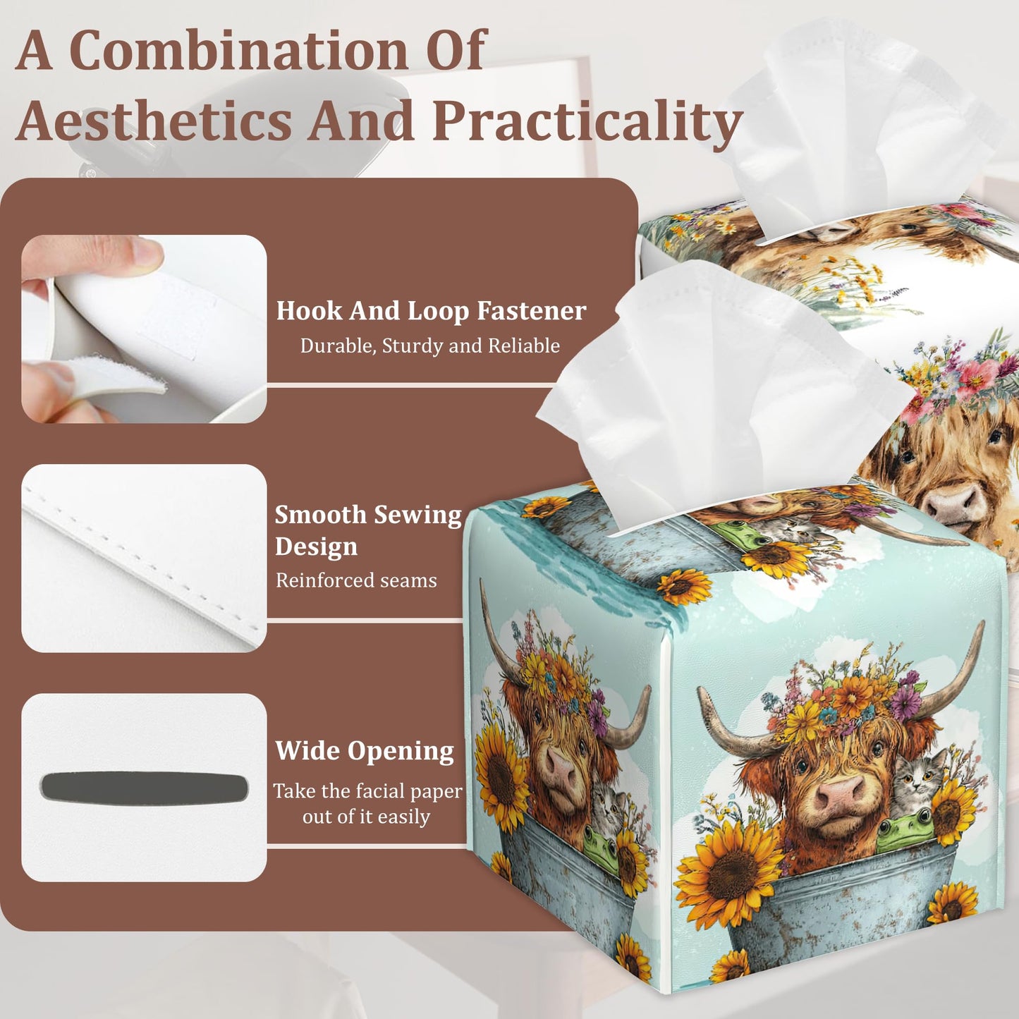 Highland Cow Flowers Square Tissue Box Holder Waterproof Leather Facial Paper Organizer Dispenser for Bathroom Home Kitchen Car Nightstand Vanity Desk，2Pack