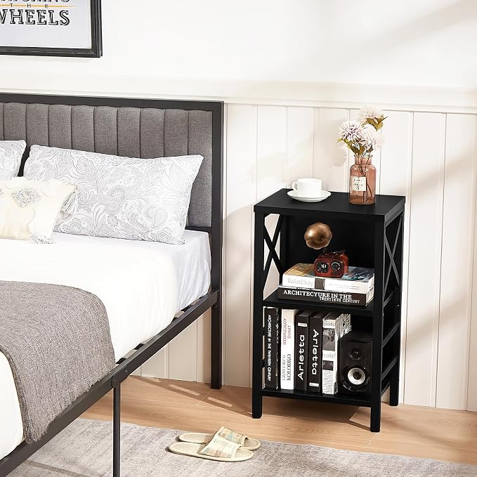 MNEETRUNG Small Bookshelf,3 Tier Industrial Bookcase with Metal Frame and Backboard,Low Black Book Shelf,Book case for Small Spaces,Living Room,Bedroom and Home Office