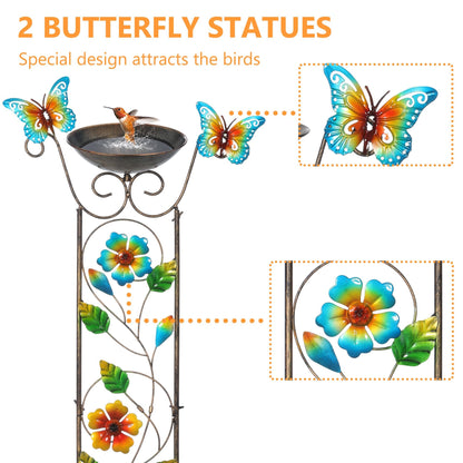 Garden Trellis Bird Bath Outdoor, 43.5 Inch Antique Iron Garden Plant Trellis Decorative with Floral-Butterflies and Detachable Drinking Basin Bowl, Free Standing BirdBath Birdfeeder Station