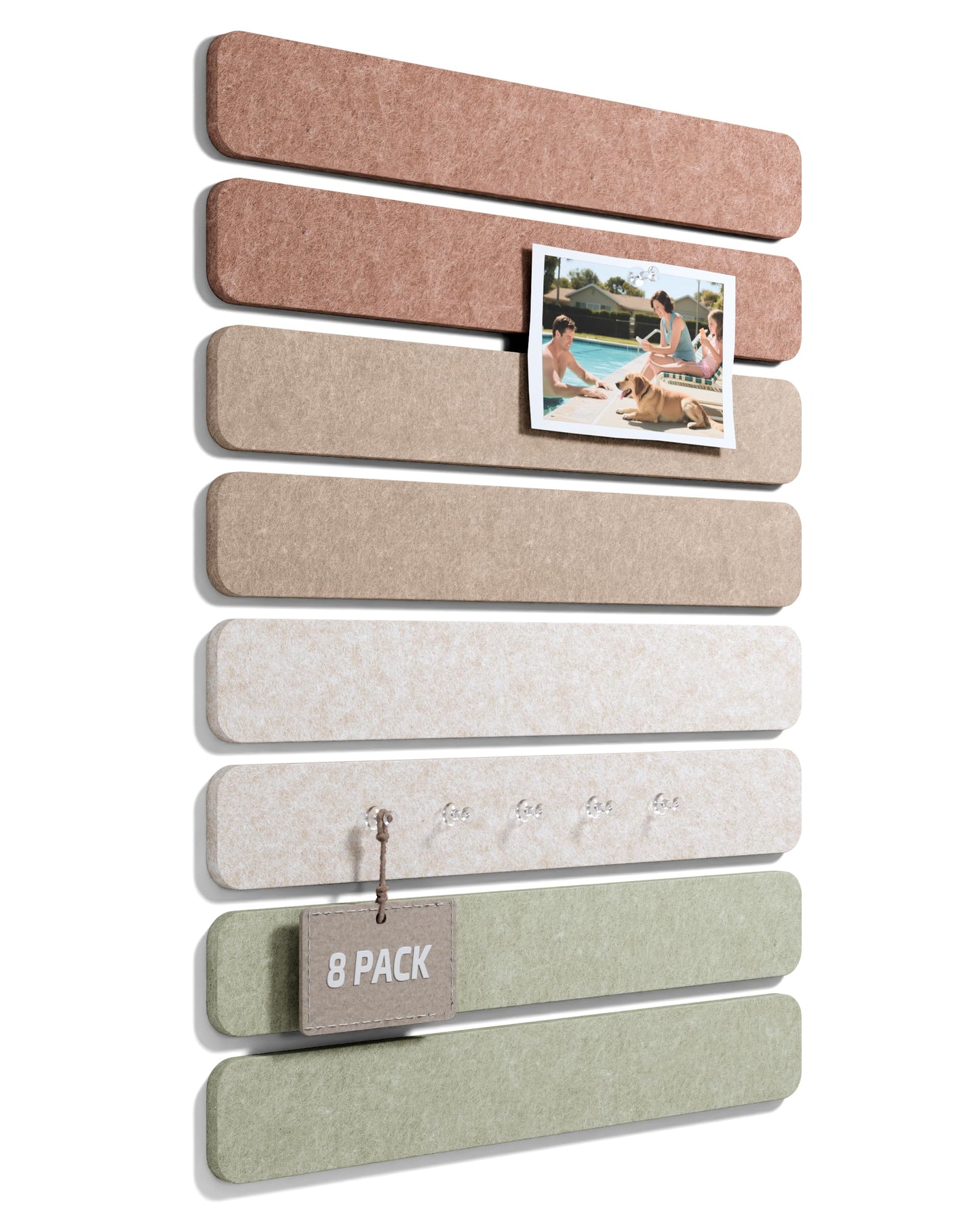Fluxynara Cork Board Alternative Felt Strip Board 8-Pack 13"x2", Office Pin Board with 50 Push Pins, Adhesive Install for Bedroom Door & Home Office (Boho)