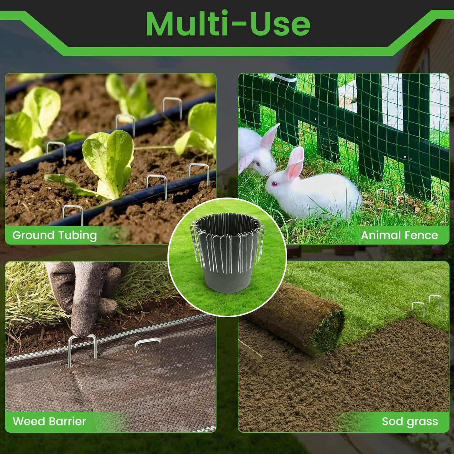 200 Pack 6 Inch Landscape Staples + 1 Hook 11 Gauge Heavy Duty Galvanized Garden Stakes, U-Shaped Ground Pins for Weed Barrier Fabric, Drip Irrigation Tubing, Sod, Lawn & Christmas Outdoor Decorations