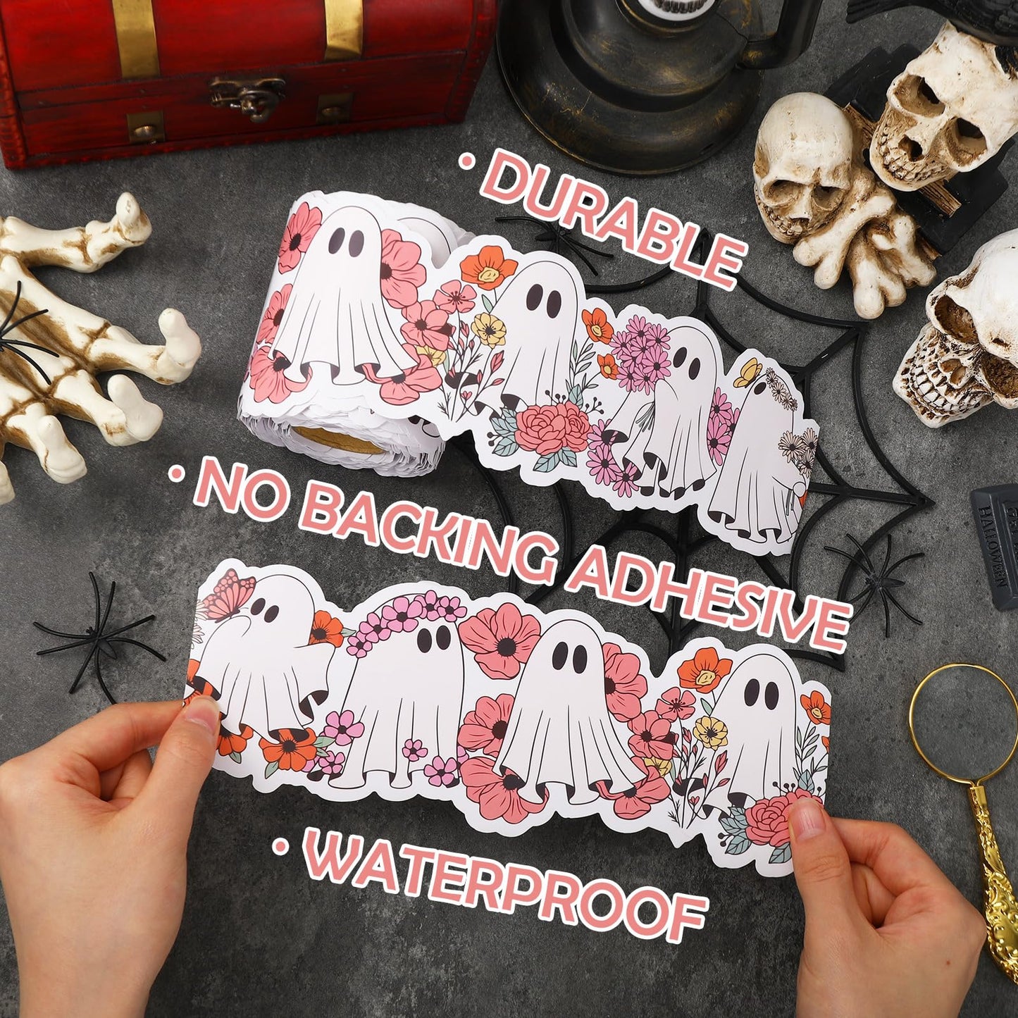 Whaline 65Ft Halloween Bulletin Board Border Cute Floral Ghost Die Cut Trim Border Roll for Home Party Classroom Chalkboard Decoration