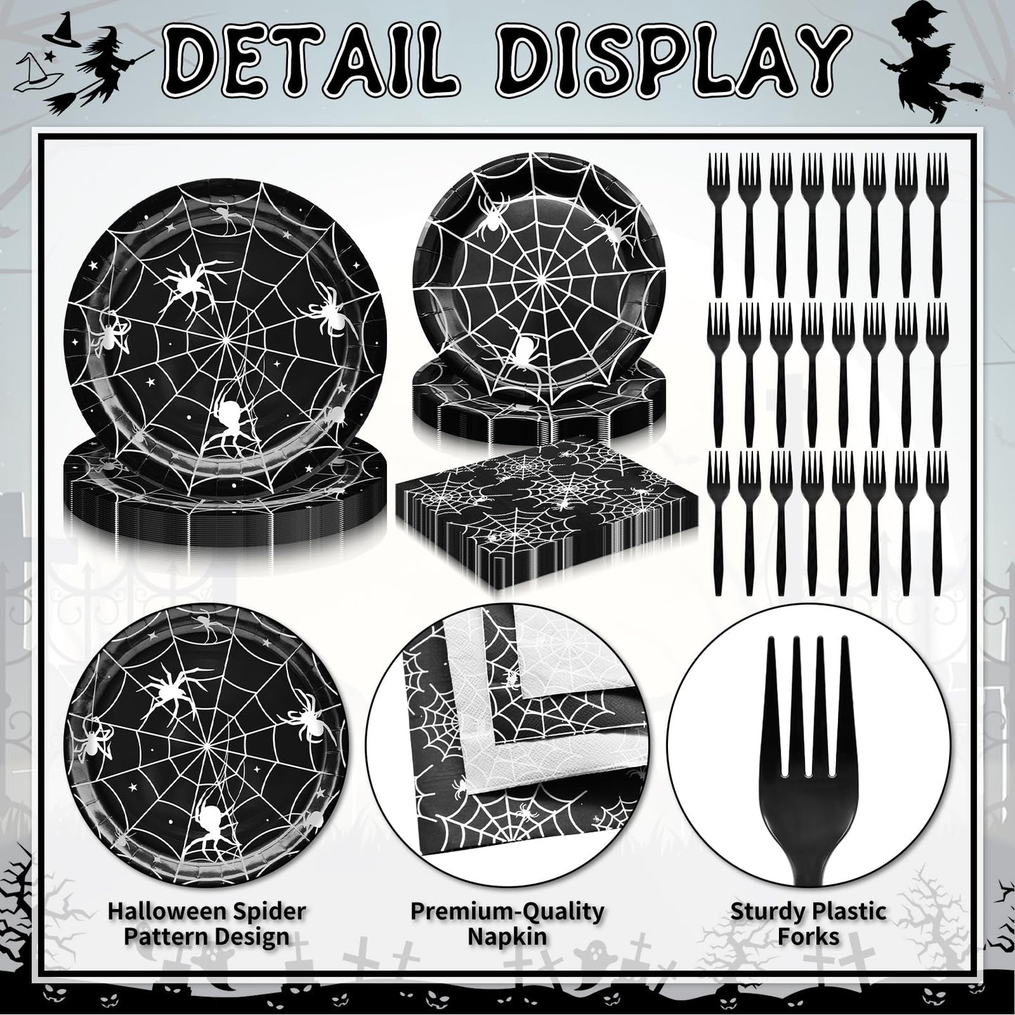 96 Pieces Halloween Spider Web Tableware Set Party Supplies – Disposable Plates, Napkins, and Forks, Black and White Spider Design for Halloween Haunted House Trick or Treat Event, Serves 24 Guests