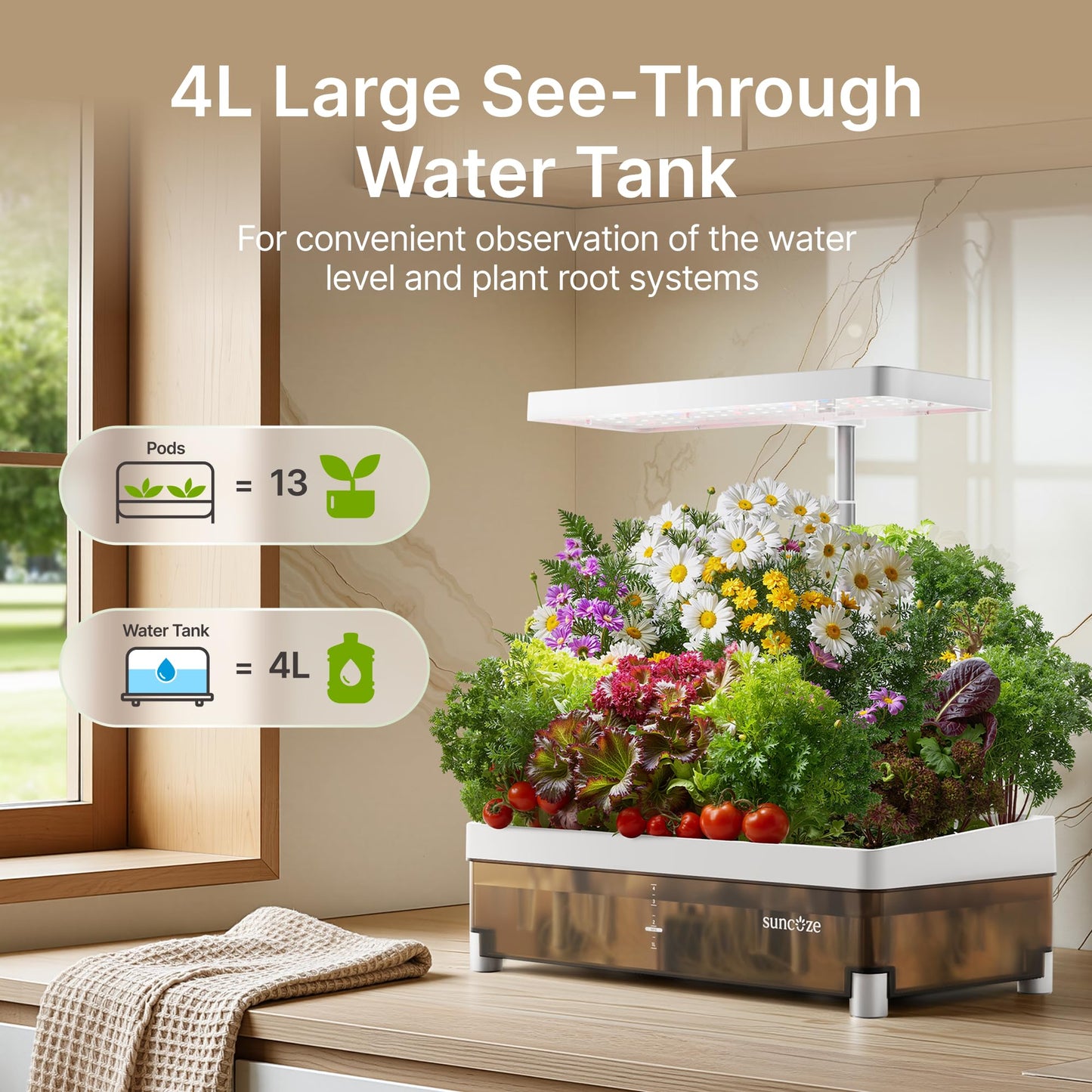 SUNCOZE Hydroponics Growing System Kit 13 Pods, Indoor Garden with Dimmable Grow Light, 4L Visible Water Tank with Adjustable Height to 12.8",Digital Timer & Water/Nutrient Reminder, Gardening Gifts