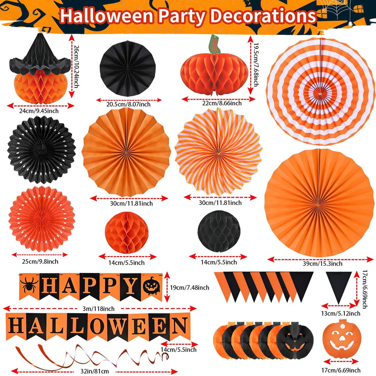 AhfuLife Halloween Party Decorations - Supplies Set with Reusable Decorations, Indoor Happy Halloween Sign Banner, Pennant Banner, Paper Tissue Fan