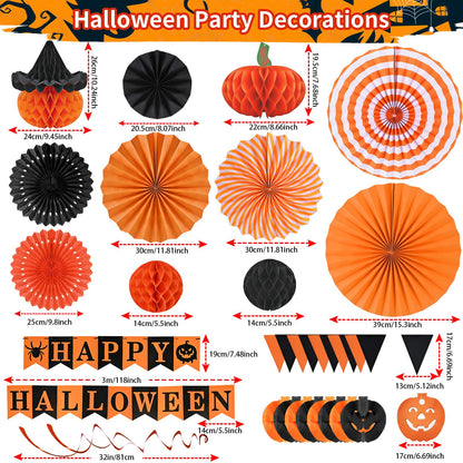 AhfuLife Halloween Party Decorations - Supplies Set with Reusable Decorations, Indoor Happy Halloween Sign Banner, Pennant Banner, Paper Tissue Fan