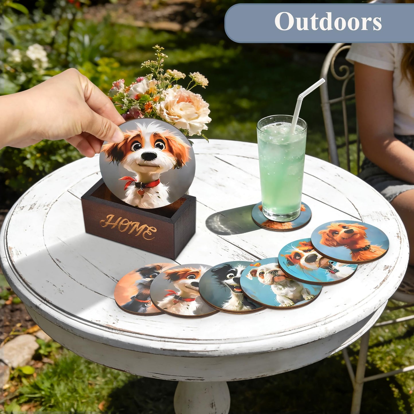 Bar Coaster Set, Drink Coaster for Home Decor, Wood Coffee Coasters 6Pack (Dog)