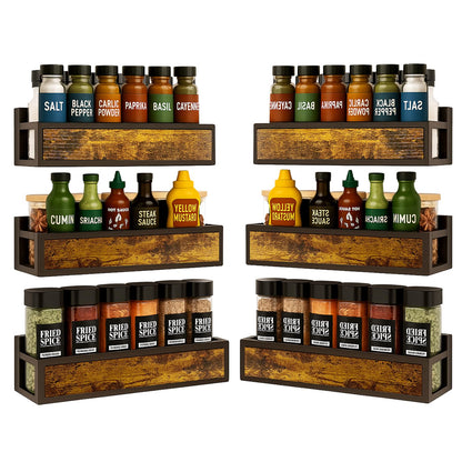 ROURANB Spice Rack Wall Mount for Large Spice Jars, 6 Pack Ironwood Spice Organizer shelf for Rustic, Industrial and Modern Kitchens,Quick Adhesive Strips and Screws for Mounting (Engineered Wood)