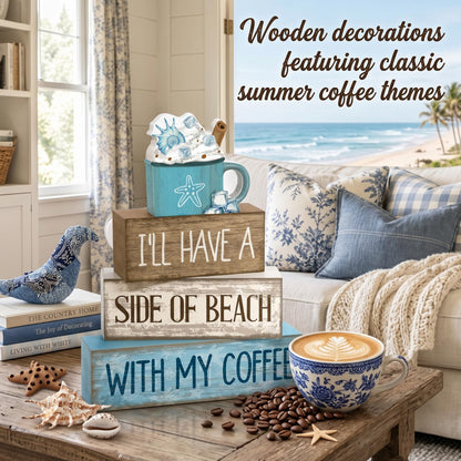 Lineshading 4 Pcs Wooden Farmhouse Tabletop Decor Rustic Home Tiered Tray Decor Decorative Farmhouse Table Decoration Home Block Signs Gift(Summer)
