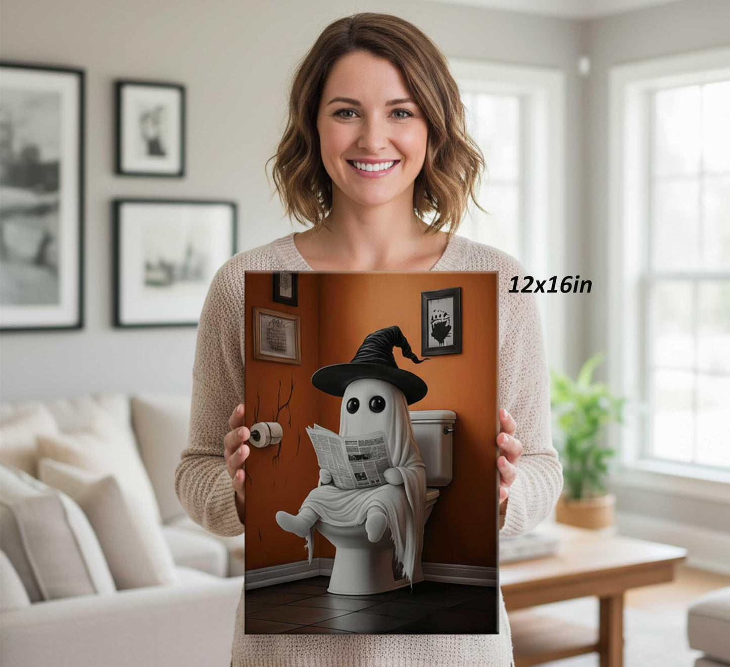 Halloween Funny Ghost Canvas Wall Art Ghost on Toilet Gothic Horror Creepy Dark Academia Painting Picture Wall Decor Poster Print Artwork for Bathroom Home Decoration