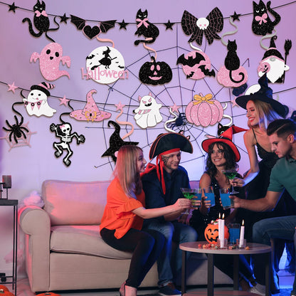32 Piece Halloween Indoor Decoration Include 4 Banner Garlands and 12 Hanging Swirls Decora Pink Halloween Party Garland Hanging Decorations for Girls Home Mantel Wall and Window Decorations