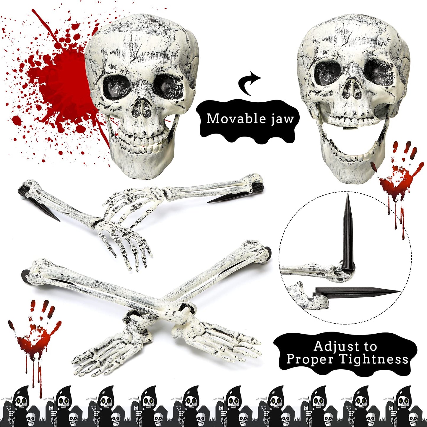 Leyndo 5 Set Realistic Skeleton Coming Out of the Ground Halloween Groundbreaking Stakes Decoration, Moveable Skeleton Skull, Arms, Legs & Feet for Outdoor Yard, Garden, Graveyard Halloween Decor