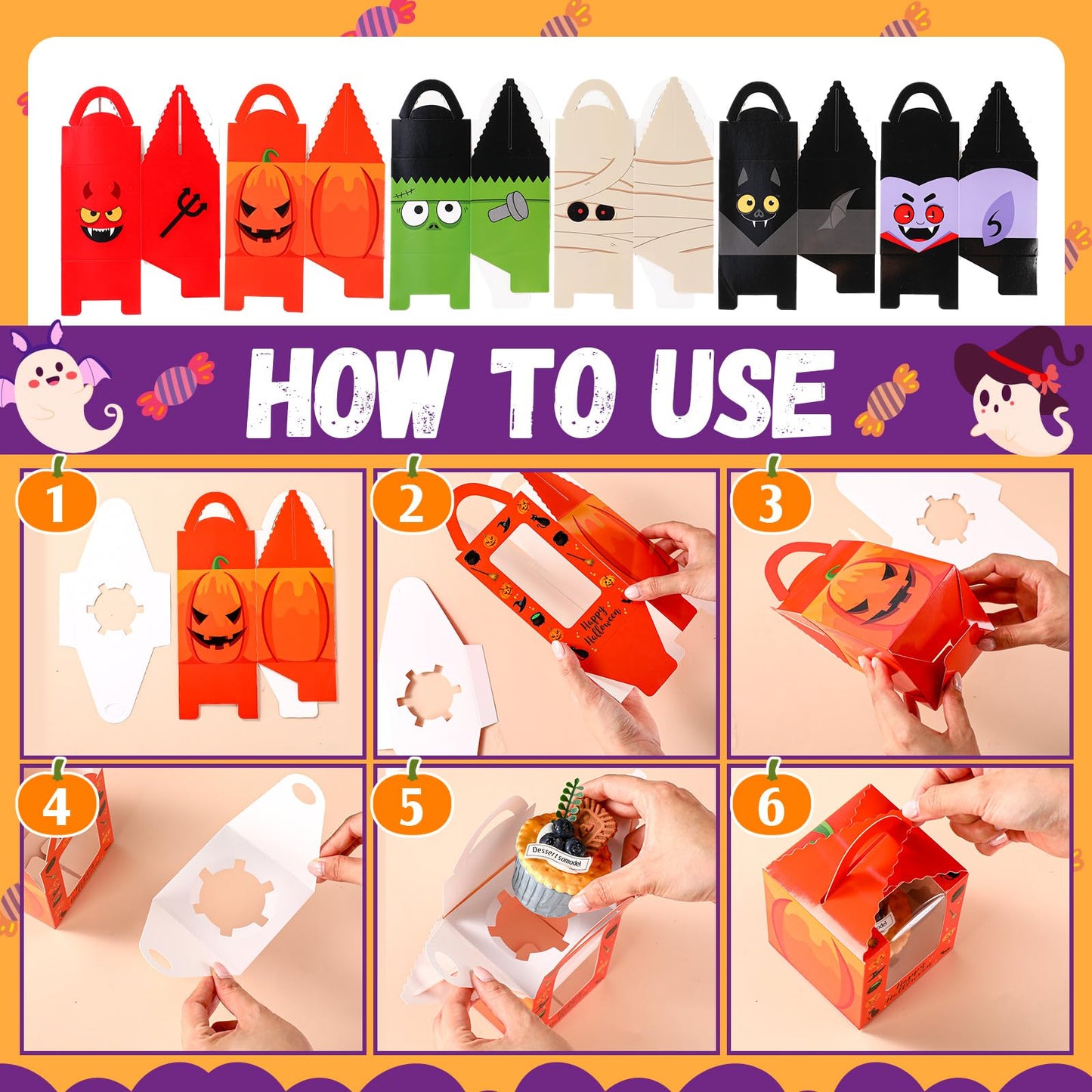 Qeeenar 60 Pieces Halloween Cupcake Boxes Halloween Individual Carriers Party Boxes with Clear Window for Cupcake Candies Gifts Wrap Dessert Table Decoration