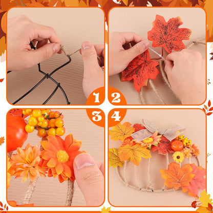 Fall Pumpkin Metal Wreath Frame, Pumpkin Shaped Wire Wreath Frame with Maple Leaves Fake Flowers Mini Pumpkin Berries, DIY 3D Pumpkin Frame for Indoor Outdoor Garden Home Kitchen Craft Decor