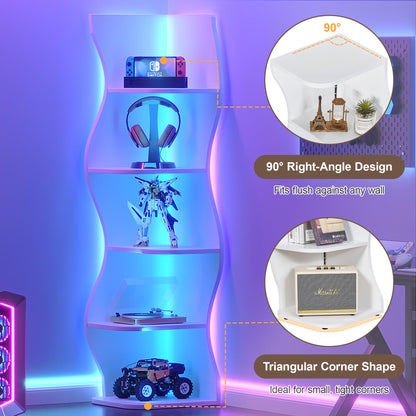 VECELO 6-Tier Wave Corner Bookcase with LED Lights, 90° Right-Angle Tall Narrow Bookshelf, Wooden Corner Display Stand Storage Shelf for Small Spaces, Living Room, Bedroom, Home Office (White)
