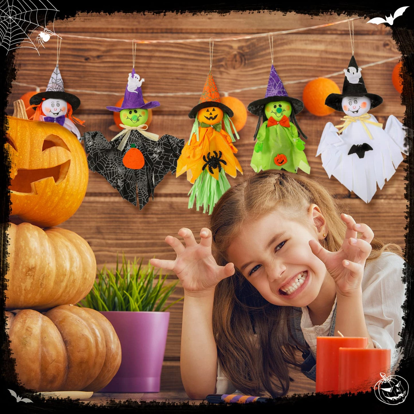 Zomiboo 9 Pack Halloween Decoration Hanging Ghost Pumpkins Decorations Tree Scary Pumpkin Witch Spider Bat Straw Windsock Pendant for Patio Lawn Garden Spooky Party