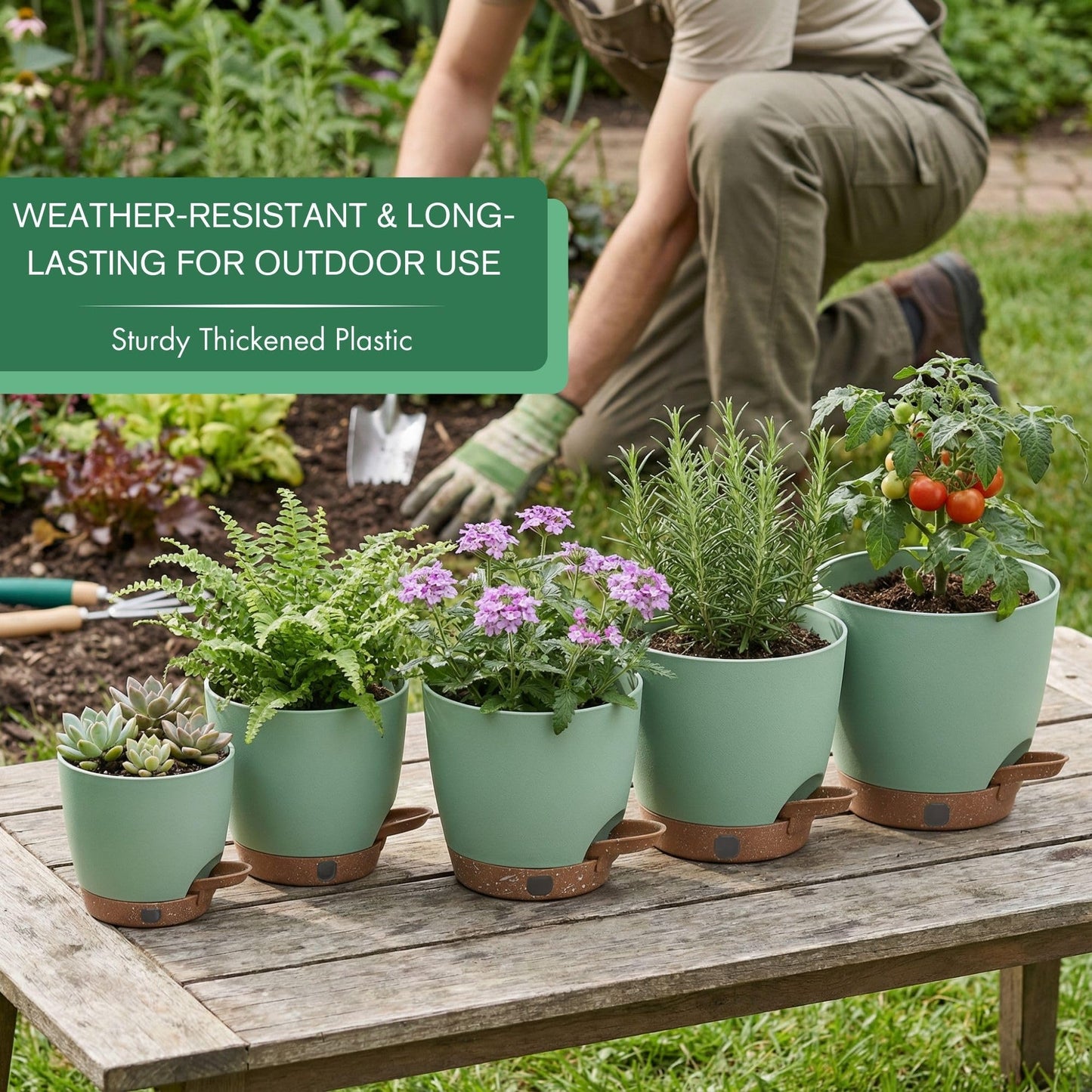 montresor Set of 2-10 Inch Hanging Planters and 5 Pack Green 5/5.5/6/6.5/7 Inch Self-Watering Pots Set