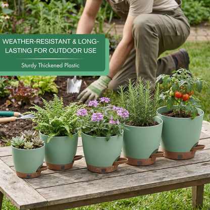 montresor Set of 2-10 Inch Hanging Planters and 5 Pack Green 5/5.5/6/6.5/7 Inch Self-Watering Pots Set