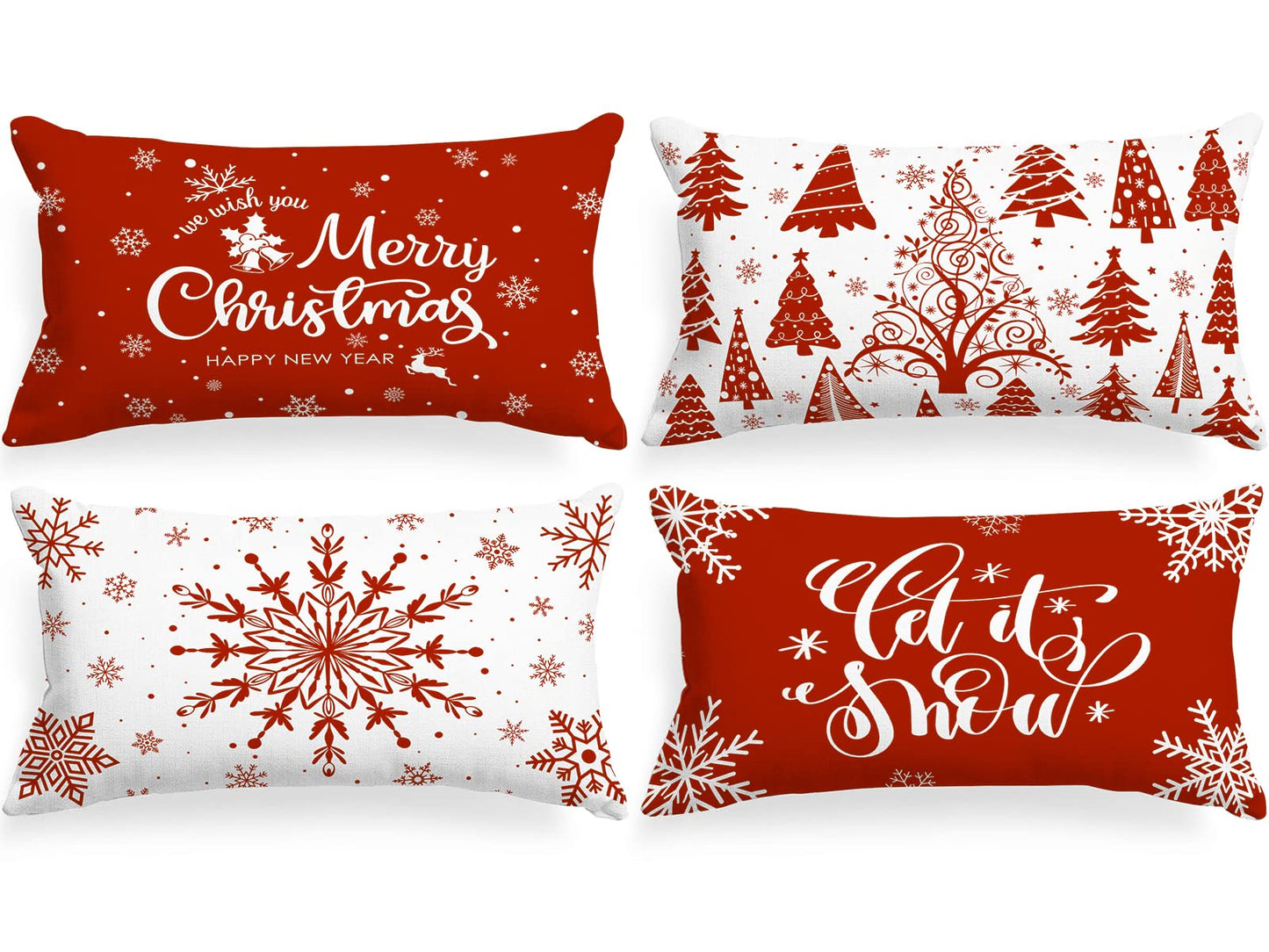 Lanpn Christmas Lumbar Throw Pillow Covers 12x22 Set of 4, Merry Christmas Winter Xmas Snowflake Decorative Holiday Cushion Pillow Cases 12 x 22 for Indoor Farmhouse Home Room Couch Decor (Red)